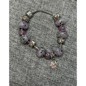 Vintage Purple Pandora Floral Bracelet Silver Charms Butterfly